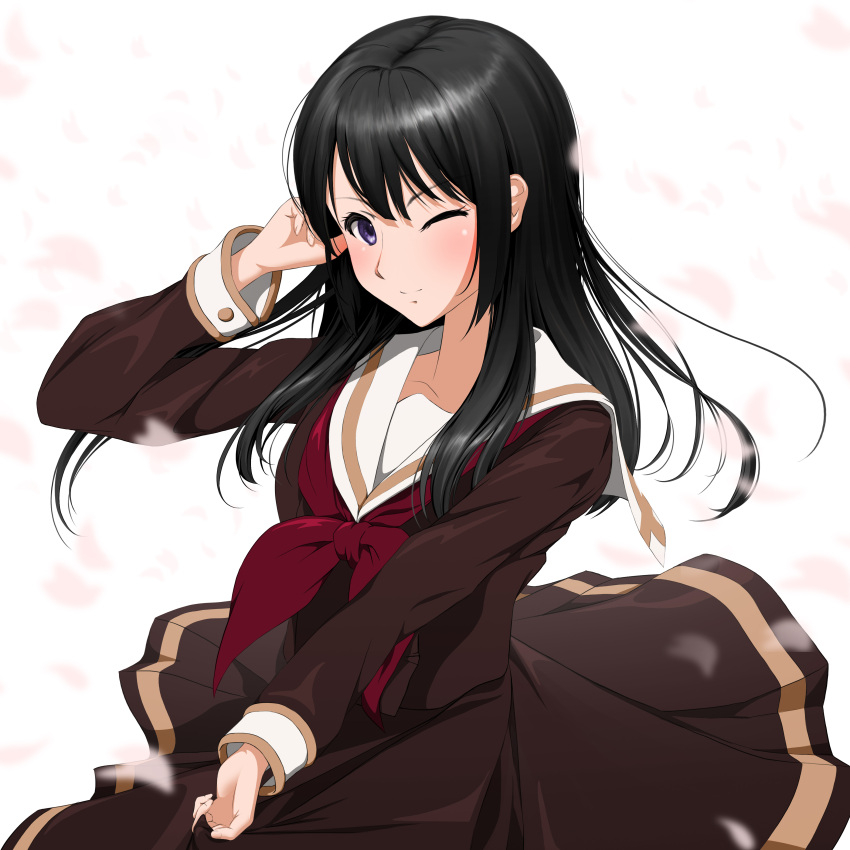 1girl absurdres black_hair brown_shirt brown_skirt cherry_blossoms closed_mouth falling_petals floating_hair hibike!_euphonium highres kitauji_high_school_uniform kousaka_reina long_hair long_sleeves looking_at_viewer natme24 neckerchief one_eye_closed petals pleated_skirt purple_eyes red_neckerchief sailor_collar school_uniform serafuku shirt skirt solo uniform winter_uniform