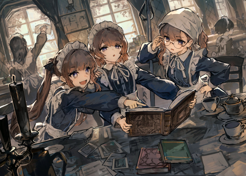 5girls absurdres apron book bucket candle cleaning cup dress fang glasses highres maid maid_apron maid_headdress multiple_girls original revision skin_fang skirt sparkling_eyes teacup teapot twintails window wiping yanyan_(shinken_gomi)