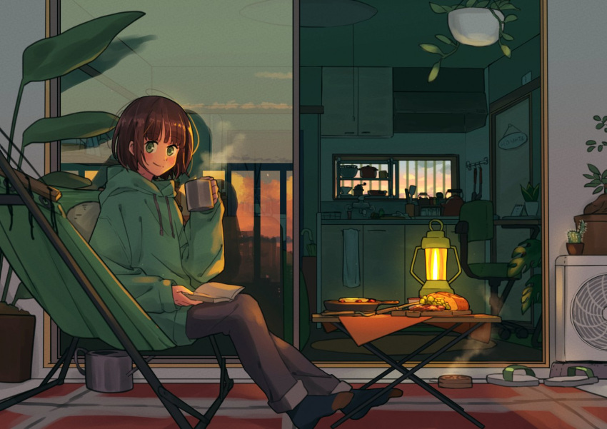 1girl balcony black_pants blue_socks blunt_bangs blush book bread brown_hair closed_mouth condenser_unit cup cutting_board drawstring drink evening folding_table food from_side frying_pan full_body glass_door green_eyes green_hoodie hammock hanging_plant holding holding_book holding_drink hood hood_down hoodie kitchen lantern loaf_of_bread long_sleeves looking_at_viewer matsumine_(twin-mix) medium_hair mug no_shoes open_book open_door original outdoors pants pants_rolled_up plant potted_plant reflective_surface sidelocks sliding_doors slippers smile socks solo steam swivel_chair table towel watering_can