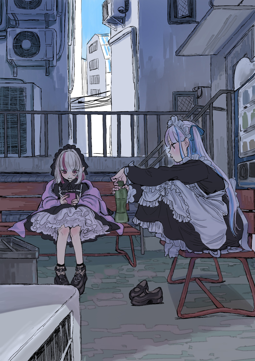 2girls :3 apron between_fingers black_dress black_hairband blue_hair blue_ribbon blue_sky blush bottle building cellphone chest_harness cigarette city day dress frilled_hairband frills full_body grey_hair hair_ribbon hairband harness highres holding holding_bottle holding_cigarette holding_phone jacket knees_up koze_niire lize_helesta lize_helesta_(9th_costume) long_dress long_hair long_sleeves looking_at_phone maid maid_apron maid_headdress makaino_ririmu makaino_ririmu_(5th_costume) multicolored_hair multiple_girls nijisanji on_bench outdoors petticoat phone pigeon-toed pink_eyes pink_hair pink_jacket platform_footwear pointy_ears profile railing ribbon rooftop shade shoes short_dress sitting sky smartphone socks streaked_hair unworn_shoes vending_machine virtual_youtuber white_apron white_socks wide_shot