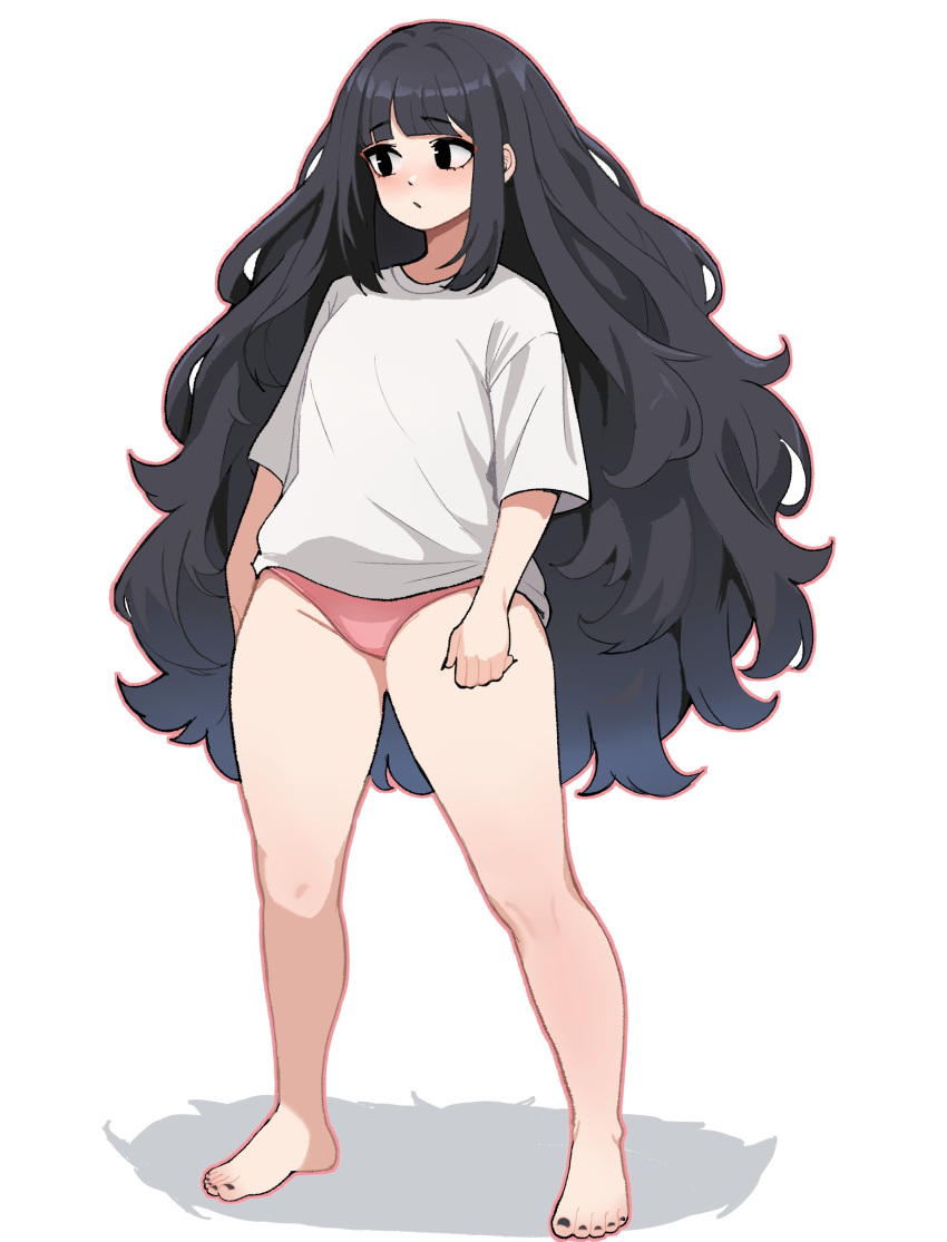 1girl absurdres barefoot black_eyes black_hair blunt_bangs blush commentary english_commentary feet full_body highres long_hair maidcousin nail_polish original outline panties pink_panties shirt sidelocks solo standing t-shirt thighs toenail_polish toenails toes underwear white_background white_shirt