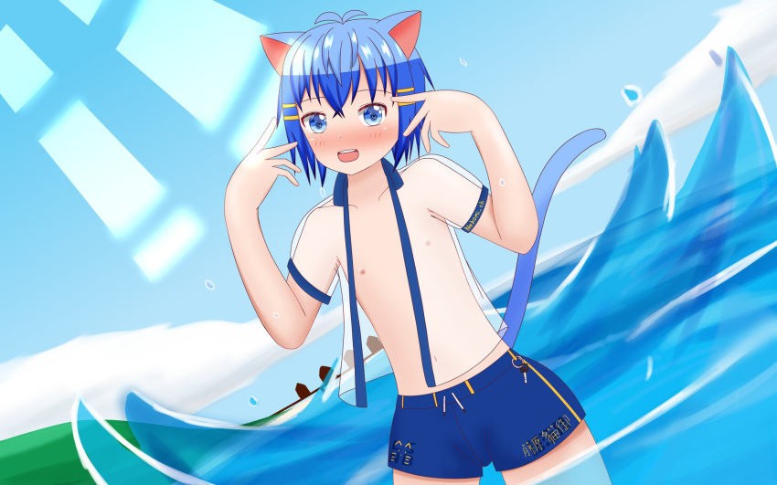 1boy animal_ears artist_name beach blue_eyes cat_boy cat_ears highres jacket male_focus nekomi_ch nipples ocean original see-through see-through_shirt solo summer swimsuit virtual_youtuber