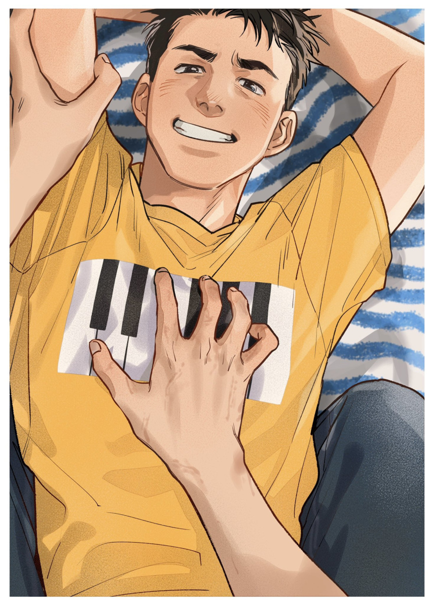 2boys black_hair border brown_eyes grin hand_on_another's_chest highres light_blush looking_at_viewer male_focus multiple_boys original piano_print pov shirt short_hair short_sleeves smile sorewakaru0001 teeth upper_body white_border yaoi yellow_shirt