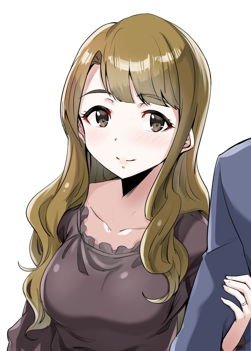 1boy 1girl absurdres blush breasts brown_eyes brown_hair brown_shirt closed_mouth collarbone dot_nose eyelashes forehead frilled_shirt frills hair_over_shoulder highres idolmaster idolmaster_cinderella_girls idolmaster_cinderella_girls_starlight_stage jewelry large_breasts light_smile locked_arms long_hair long_sleeves miyao_miya parted_bangs producer_(idolmaster) ring shirt simple_background takahiro_(crimson_bolt) upper_body wavy_hair white_background