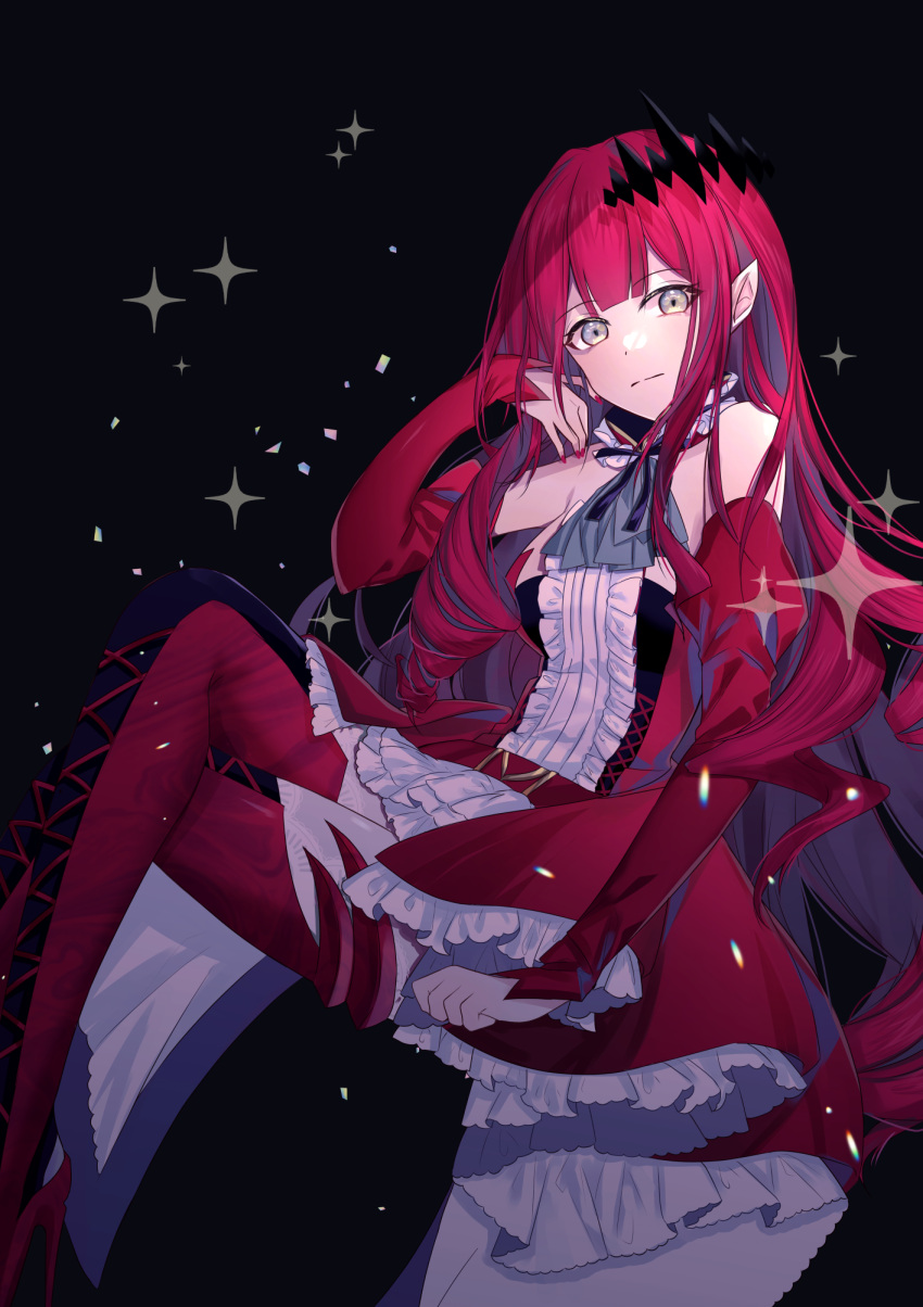1girl baobhan_sith_(fate) baobhan_sith_(first_ascension)_(fate) bare_shoulders black_background boots breasts closed_mouth crossed_legs detached_sleeves dress fate/grand_order fate_(series) feet_out_of_frame frilled_dress frills full_body grey_eyes hair_ornament hand_in_own_hair hand_up high_heel_boots high_heels highres long_hair long_sleeves looking_at_viewer nail_polish pink_hair pointy_ears red_dress red_footwear red_nails sidelocks sitting solo sparkle thigh_boots to_loves