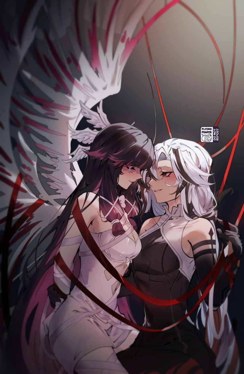 2girls absurdres angel_wings arlecchino_(genshin_impact) arms_behind_back black_hair black_hands blunt_bangs blunt_sidelocks blush breasts cleavage closed_eyes clothing_cutout colored_extremities columbina_(genshin_impact) couple dress feathered_wings flying-frappuccino genshin_impact gradient_background grey_background halterneck head_wings highres long_hair looking_at_another multicolored_hair multicolored_wings multiple_girls navel_cutout pink_hair pink_wings red_eyes short_dress simple_background sitting sitting_on_lap sitting_on_person sleeveless sleeveless_dress small_breasts two-tone_hair white_hair white_wings wings yuri