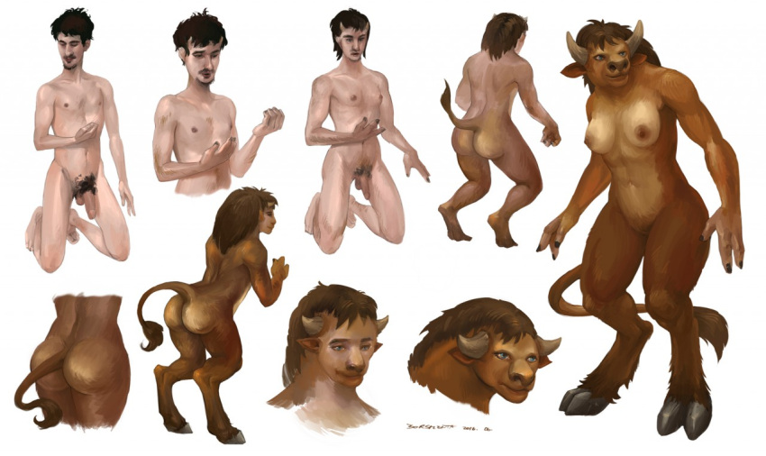 2016 3_fingers anthro balls beard black_hair blizzard_entertainment borsmenta bovid bovine breast_growth breasts brown_body brown_fur brown_hair butt facial_hair female fingers fur gender_transformation genitals growth hair hooves horn horn_growth human human_to_anthro kneeling male mammal mtf_transformation navel nipples nude penis pussy simple_background smile solo species_transformation standing tail tail_growth tauren transformation warcraft white_background