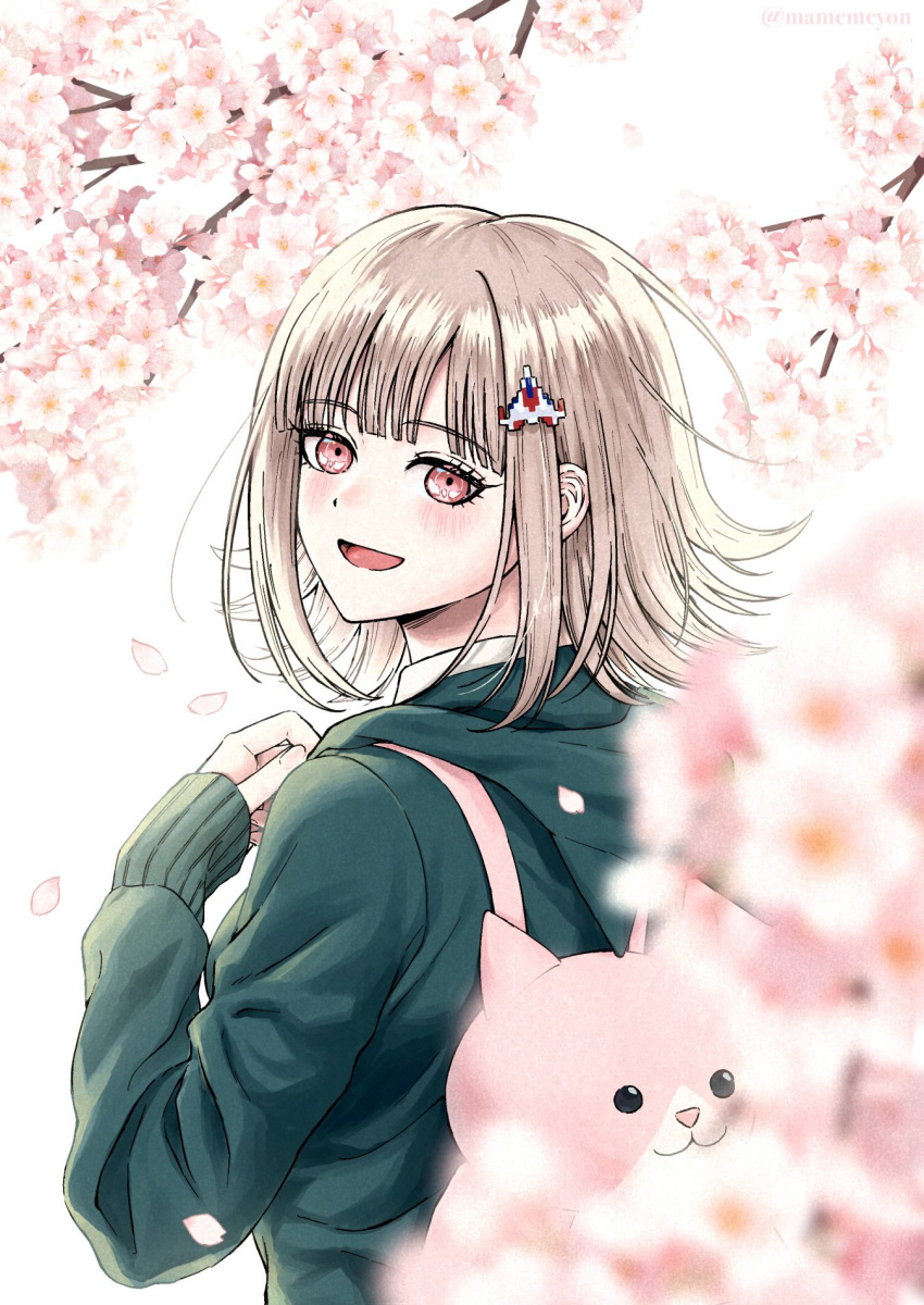 1girl :d animal_bag backpack bag brown_hair cat_bag cherry_blossoms danganronpa_(series) danganronpa_2:_goodbye_despair galaga green_jacket hair_ornament highres hood hood_down jacket mame_yo medium_hair nanami_chiaki open_mouth outdoors pink_bag pink_eyes smile solo upper_body