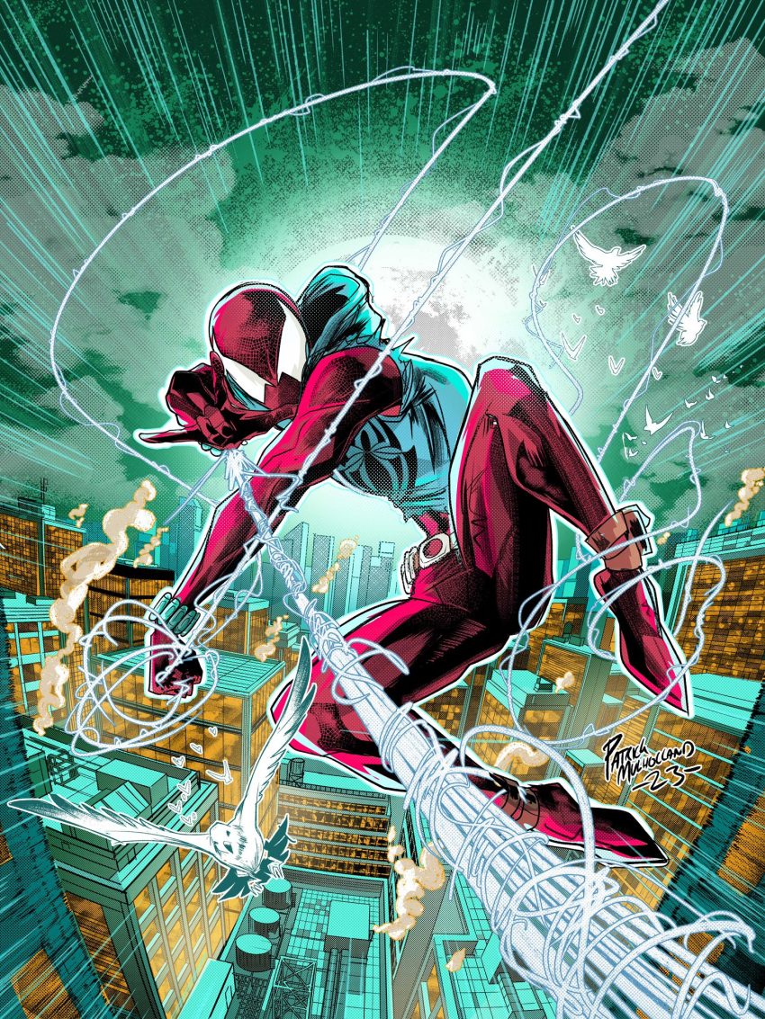 1boy animal_print artist_name ben_reilly bodysuit building cityscape commentary electricity english_commentary highres hood hooded_bodysuit male_focus marvel pat_m_art red_bodysuit scarlet_spider silk skyscraper solo spider-man_(series) spider_print spider_web spider_web_print superhero_costume western_comics_(style)