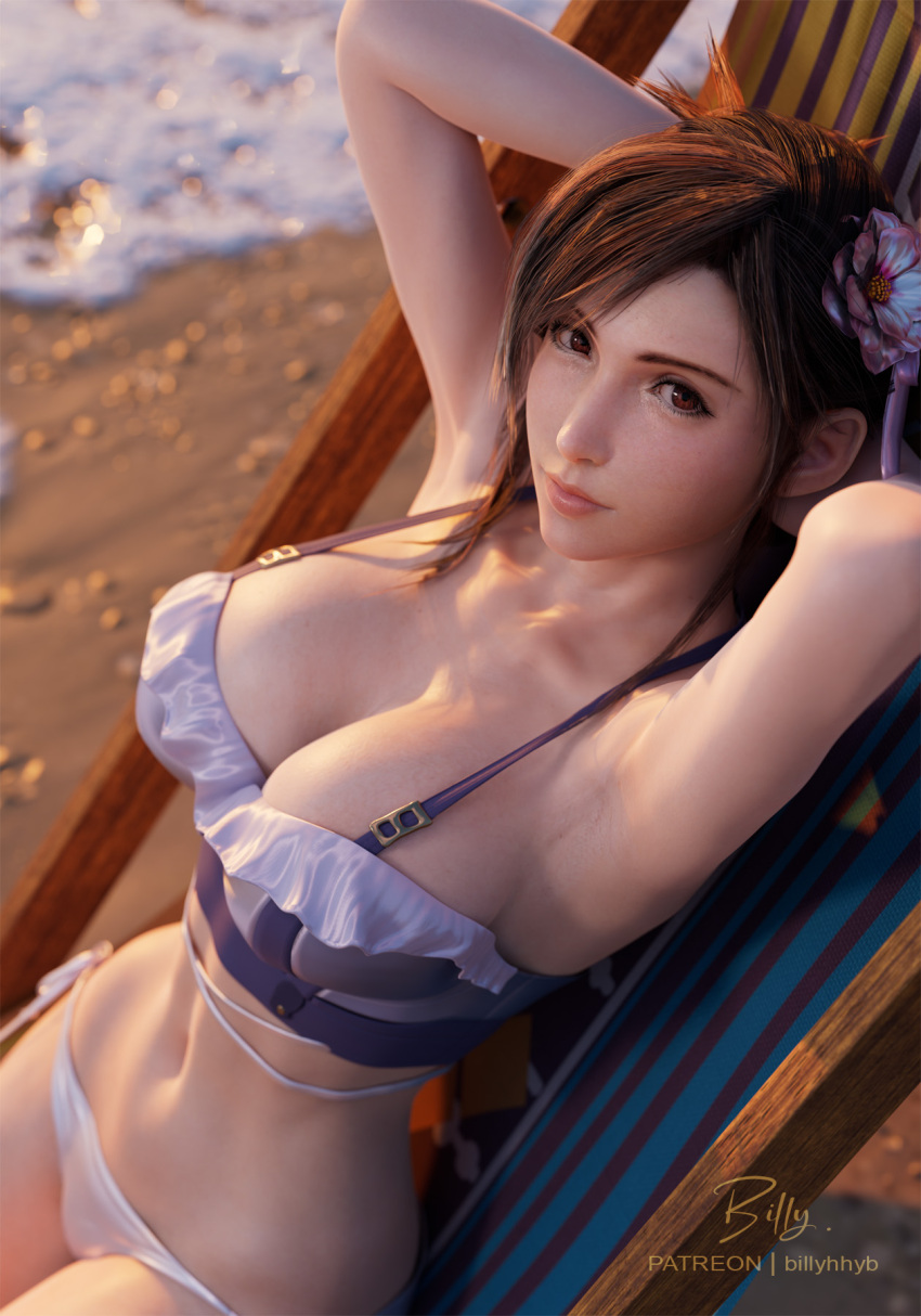 1girl 3d armpits arms_up artist_name beach beach_chair bikini billyhhyb black_hair breasts closed_mouth collarbone final_fantasy final_fantasy_vii final_fantasy_vii_rebirth final_fantasy_vii_remake flower hair_flower hair_ornament highres large_breasts lips looking_at_viewer navel official_alternate_costume patreon_username red_eyes sand solo stomach strap_gap swimsuit tifa_lockhart tifa_lockhart_(shining_spirit) water