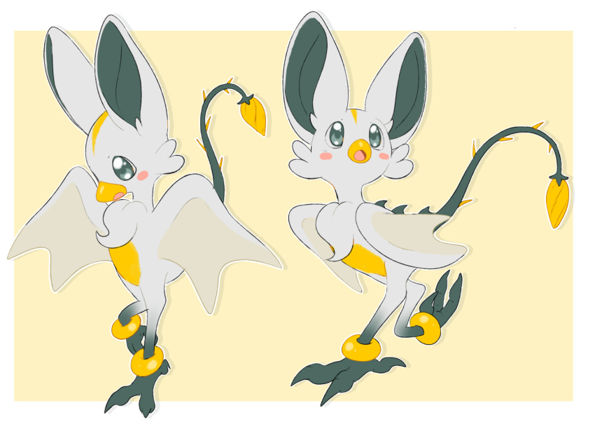 2023 ambiguous_gender avian beak biped blush border feet feral glistening glistening_eyes grey_eyes hybrid kemono multiple_images open_beak open_mouth simple_background solo tail talons toes tuft unknown_species walking white_body white_border wings yajuuraku yellow_background