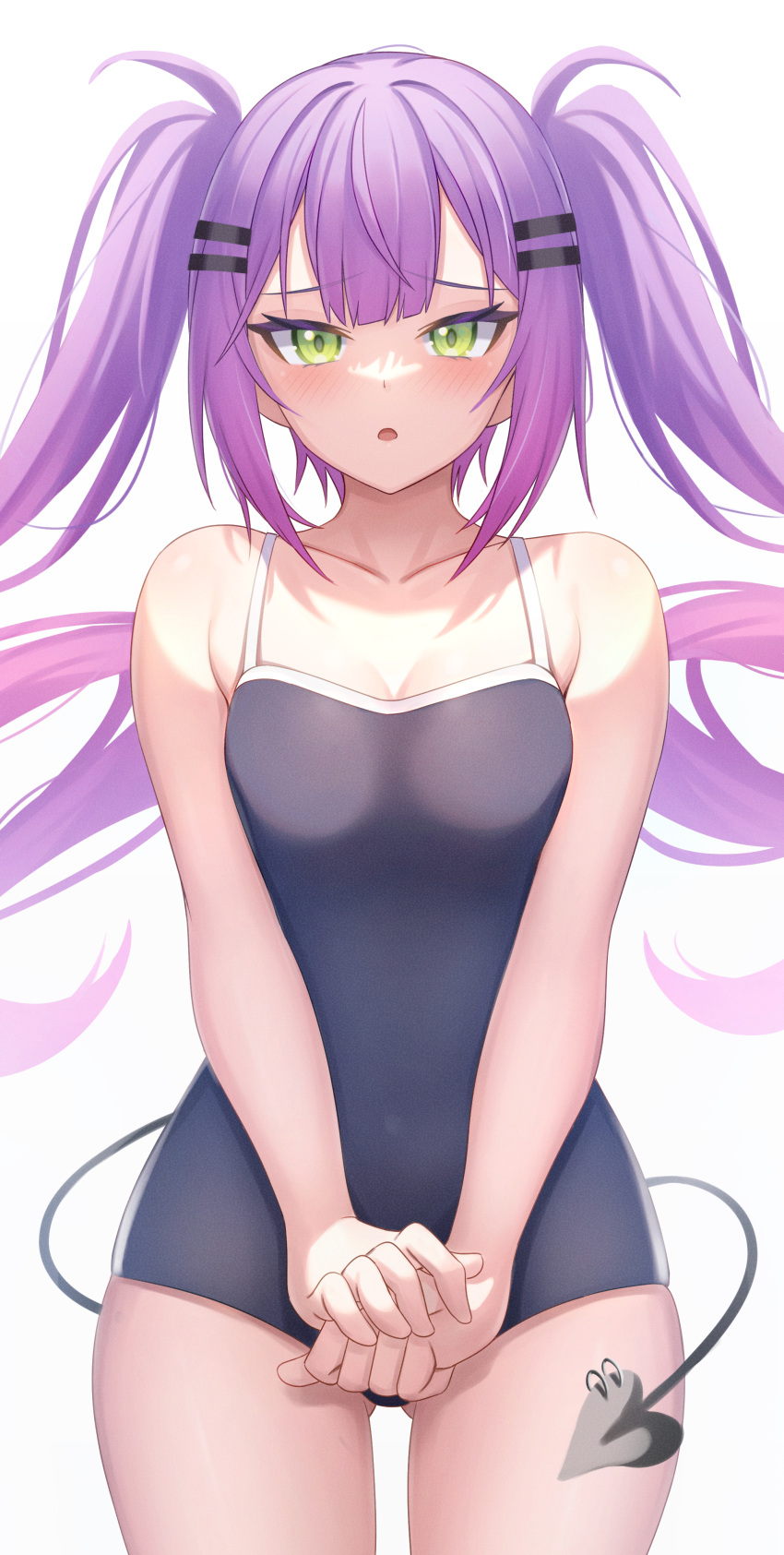 1girl absurdres aoi_zerii bare_shoulders blue_one-piece_swimsuit blush breasts covered_navel demon_girl demon_tail gradient_hair green_eyes highres hololive long_hair looking_at_viewer medium_breasts multicolored_hair one-piece_swimsuit open_mouth piercing pink_hair purple_hair school_swimsuit streaked_hair swimsuit tail tail_ornament tail_piercing thighs tokoyami_towa twintails virtual_youtuber