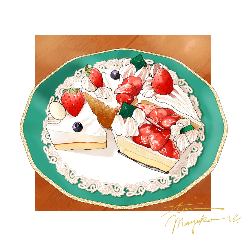 absurdres cake cake_slice food food_focus fruit highres no_humans original plate strawberry strawberry_shortcake table tomma_mayuka whipped_cream wooden_table