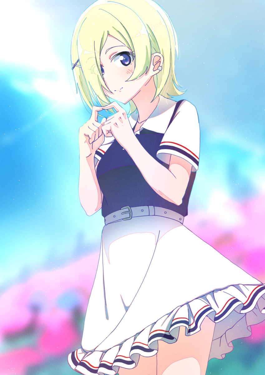 1girl ajapar belt blonde_hair blurry blurry_background closed_mouth collared_shirt commentary ear_piercing eyes_visible_through_hair frilled_skirt frills hair_ornament hair_over_one_eye hairclip highres index_fingers_together lemonade_(love_live!) looking_at_viewer love_live! love_live!_nijigasaki_high_school_idol_club mia_taylor piercing polo_shirt purple_eyes purple_shirt shirt short_hair short_sleeves skirt smile solo standing upper_body white_belt white_skirt