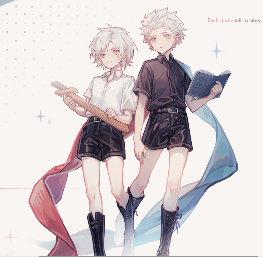 2boys aged_down bishounen black_shorts blue_eyes boots child dante_(devil_may_cry) devil_may_cry_(series) devil_may_cry_5 highres holding lolvivianli multiple_boys pale_skin short_shorts shorts siblings smile twins vergil_(devil_may_cry) weapon white_hair