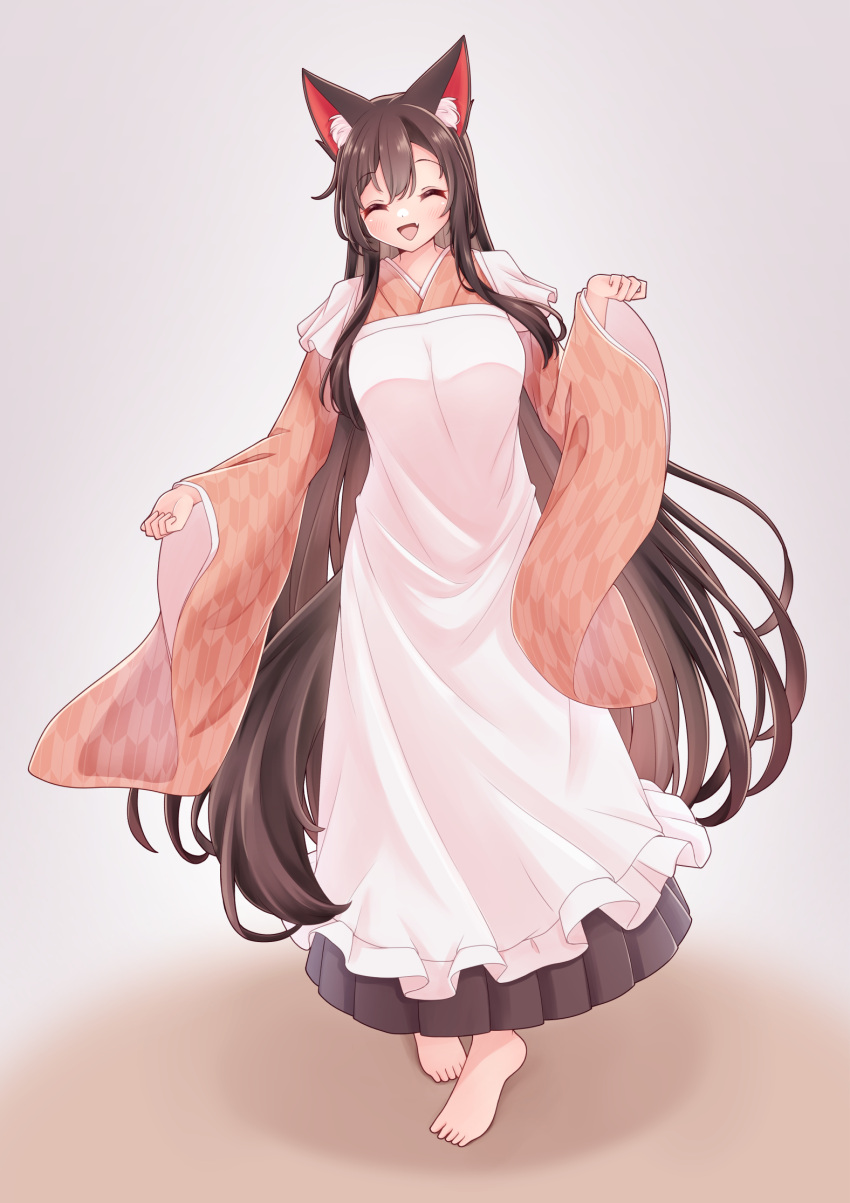 1girl alternate_costume animal_ear_fluff animal_ears apron barefoot black_skirt blush breasts brown_hair closed_eyes commentary_request full_body hashi2387 highres imaizumi_kagerou japanese_clothes kimono large_breasts long_hair long_skirt long_sleeves medium_bangs open_mouth pink_kimono sidelocks skirt smile solo tail touhou very_long_hair walking white_apron wide_sleeves wolf_ears wolf_tail yagasuri