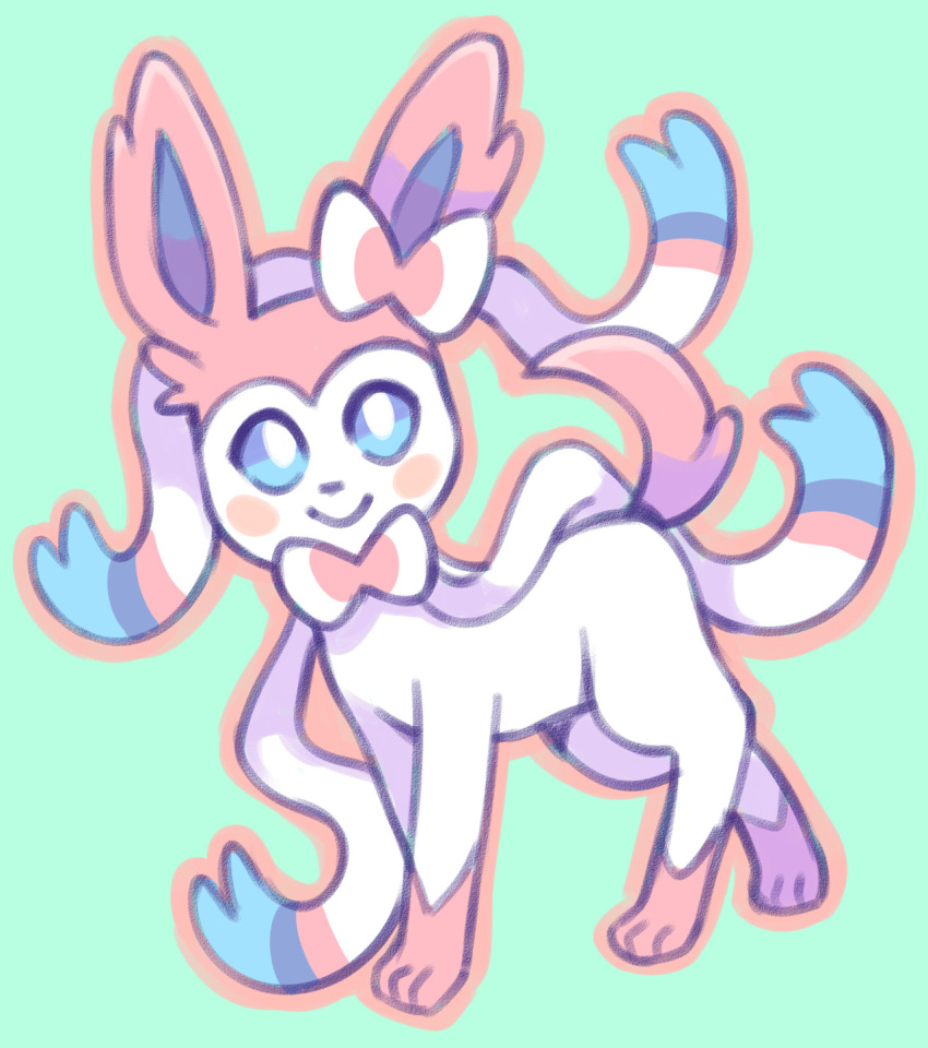 2018 3_toes ambiguous_gender black_nose blue_background blue_inner_ear blue_sclera border bow_(feature) clothing colored eeveelution feelers feet feral generation_6_pokemon graskip hi_res looking_up multicolored_body nintendo pink_body pink_border pink_bow pink_cheeks pink_clothing pink_tail pokemon pokemon_(species) pseudo_clothing quadruped shaded simple_background smile solo sylveon tail toes two_tone_body walking white_body white_eyes