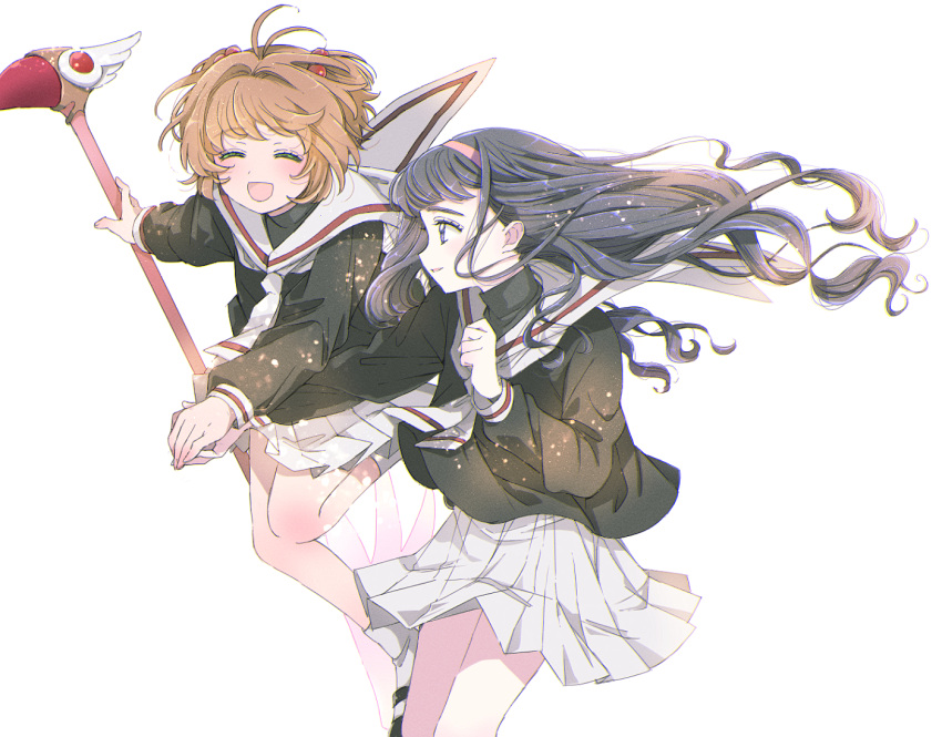 2girls antenna_hair black_eyes black_hair black_shirt blush brown_hair cardcaptor_sakura daidouji_tomoyo fuuin_no_tsue hair_bobbles hair_ornament hairband holding holding_hands holding_wand kinomoto_sakura light_particles long_hair looking_at_another multiple_girls neckerchief open_mouth rii2a77ru school_uniform serafuku shirt short_hair simple_background skirt smile tomoeda_elementary_school_uniform wand white_background white_skirt