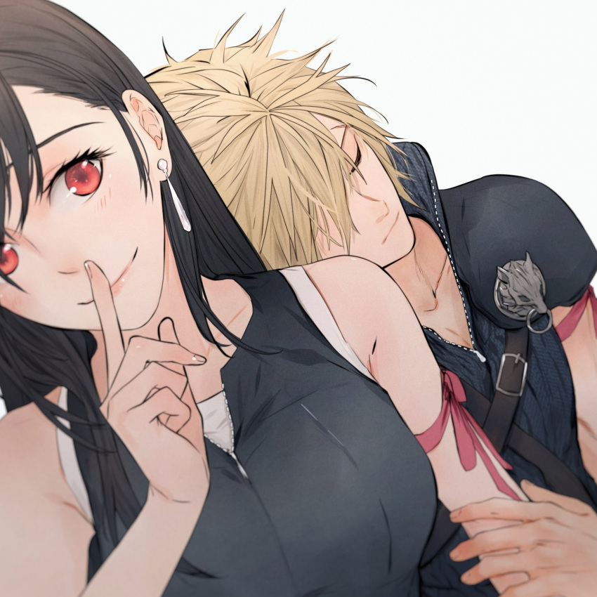 1boy 1girl arm_ribbon bare_shoulders black_hair black_vest blonde_hair breasts closed_eyes closed_mouth cloud_strife collarbone commentary couple earrings english_commentary final_fantasy final_fantasy_vii final_fantasy_vii_advent_children finger_to_mouth hair_behind_ear hand_on_another's_arm head_on_another's_shoulder highres holding_another's_arm index_finger_raised jewelry large_breasts light_blush long_hair looking_at_viewer maiii_(smaii_i) pink_lips popped_collar red_eyes red_ribbon ribbed_shirt ribbon shirt short_hair shushing simple_background single_earring single_shoulder_pad sleeping sleeveless sleeveless_shirt smile spiked_hair tank_top teardrop_earrings tifa_lockhart upper_body vest white_tank_top zipper