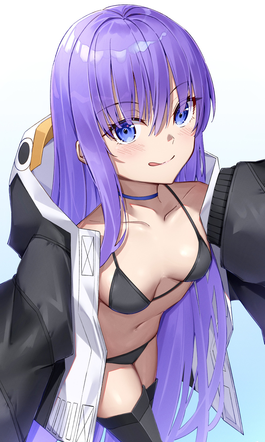 1girl absurdres animal_costume animal_hood bikini bird black_bikini black_jacket blue_bow blue_choker blue_eyes blush bow breasts choker collarbone fate/grand_order fate_(series) highres hood hood_down hooded_jacket jacket licking_lips long_hair long_sleeves looking_at_viewer meltryllis_(fate) meltryllis_(swimsuit_lancer)_(fate) meltryllis_(swimsuit_lancer)_(first_ascension)_(fate) open_clothes open_jacket penguin penguin_costume penguin_hood prosthesis prosthetic_leg purple_hair sleeves_past_fingers sleeves_past_wrists small_breasts smile solo swimsuit tongue tongue_out toukan very_long_hair