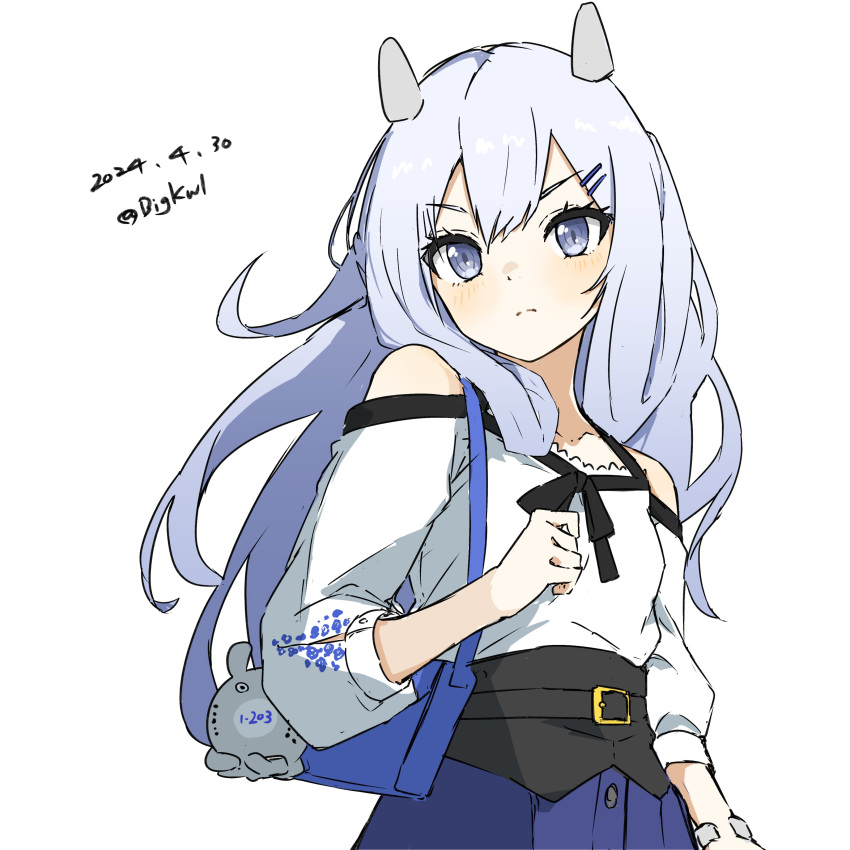 1girl absurdres bag bigkwl blue_hair blue_shirt dated fake_horns grey_eyes hair_ornament hairclip handbag highres horned_headwear horns i-203_(kancolle) kantai_collection light_blue_hair long_sleeves official_alternate_costume one-hour_drawing_challenge shirt simple_background solo twitter_username white_background white_shirt