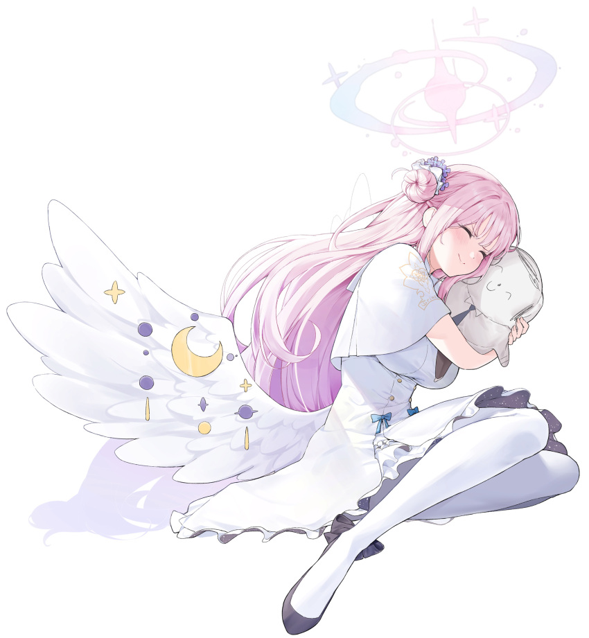 1girl angel_wings black_footwear blue_archive breasts closed_eyes closed_mouth dress feathered_wings flower hair_bun hair_flower hair_ornament hair_scrunchie halo highres hyury large_breasts long_hair low_wings mika_(blue_archive) pantyhose pink_hair pink_halo scrunchie simple_background single_side_bun smile solo white_background white_dress white_pantyhose white_wings wing_ornament wings
