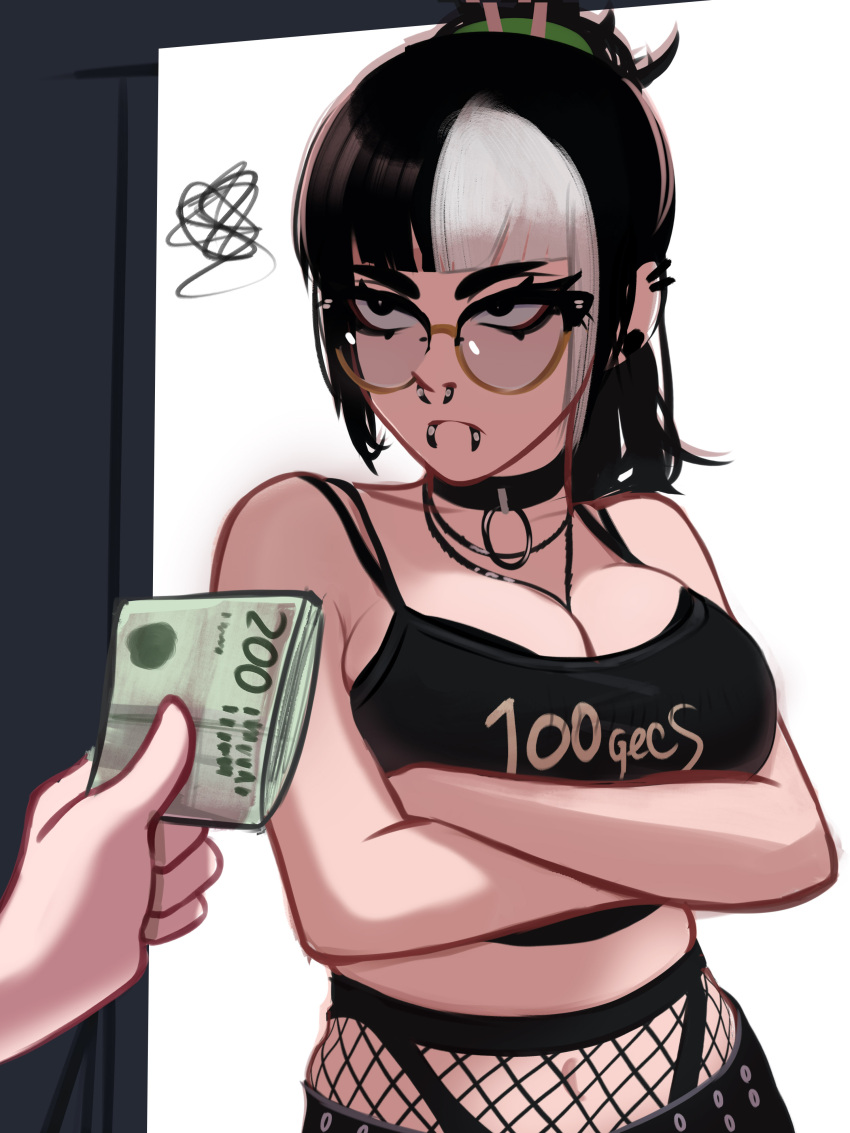 1girl 1other absurdres annoyed arms_under_breasts banknote black_choker black_eyes black_hair blunt_bangs bra bra_peek breasts choker cleavage crossed_arms ear_piercing fishnets glasses green_scrunchie hair_ornament hair_stick highres holding holding_money implied_prostitution jewelry large_breasts lip_piercing mika_(veyonis) money multicolored_hair navel necklace nose_piercing original piercing ponytail print_shirt scrunchie shirt solo squiggle tank_top two-tone_hair underwear veyonis