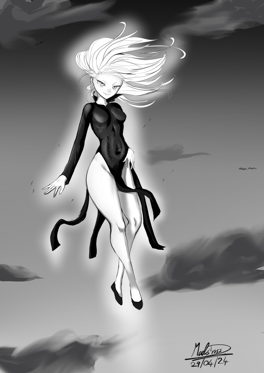 1girl absurdres bare_hips breasts covered_navel dress floating flying full_body grey_background greyscale hand_on_own_hip high_heels highres hip_vent long_sleeves looking_at_viewer madsdross medium_hair midriff monochrome one-punch_man petite pumps robe seductive seductive_smile short_hair sky small_breasts smile solo tatsumaki thick_thighs thighs wide_hips