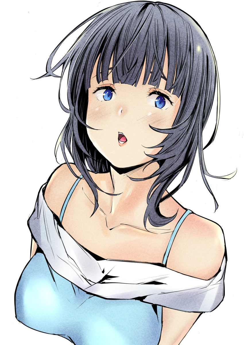 1girl absurdres asaka_karin blue_camisole blue_eyes blue_hair blunt_bangs breasts camisole collarbone commentary_request cropped_torso furrowed_brow highres looking_at_viewer love_live! love_live!_nijigasaki_high_school_idol_club medium_breasts medium_hair open_mouth solo tommer upper_body white_background