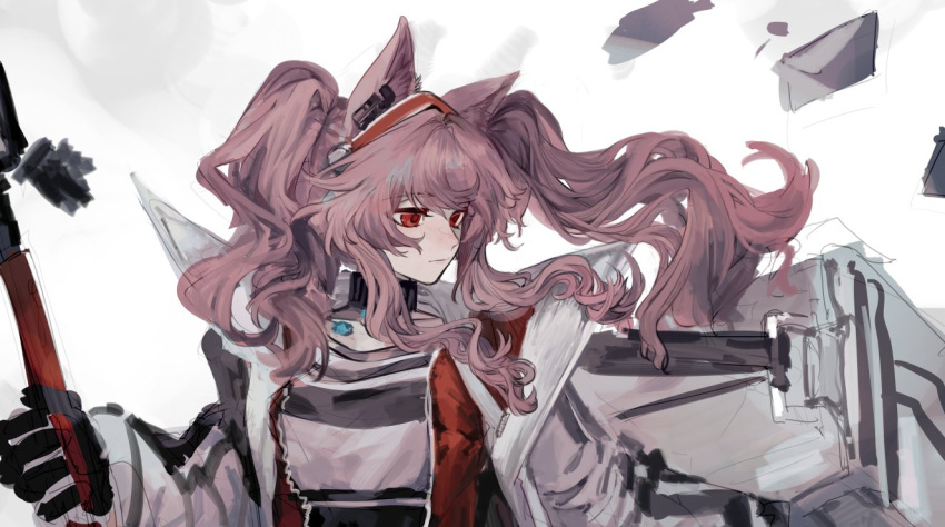 1girl angelina_(arknights) animal_ears arknights black_gloves brown_hair frown gloves hairband holding holding_staff jacket long_sleeves looking_at_viewer red_eyes red_hairband shirt simple_background sketch solo staff twintails upper_body wavy_hair white_background white_jacket white_shirt xian_qishui