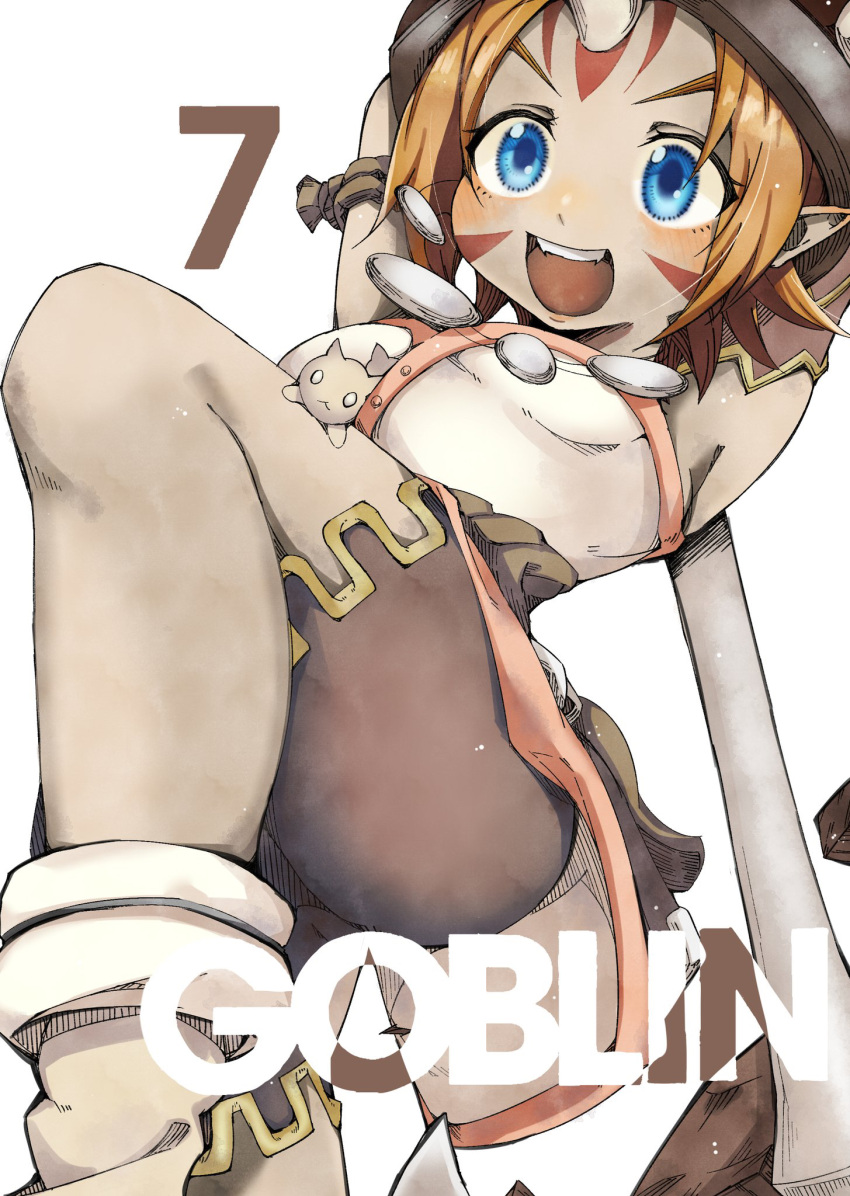 1girl armband armpits ass blue_eyes blush boots breasts brown_armband brown_shorts character_name colored_skin commentary_request facial_mark fake_horns female_goblin gob_(mon-musu_quest!) goblin grey_skin hammer helmet highres holding holding_hammer horned_helmet horns jewelry kawahara0527 knee_up mon-musu_quest! monster_girl necklace open_mouth pointy_ears shorts simple_background single_horn small_breasts smile solo teeth upper_teeth_only war_hammer weapon white_background white_tunic