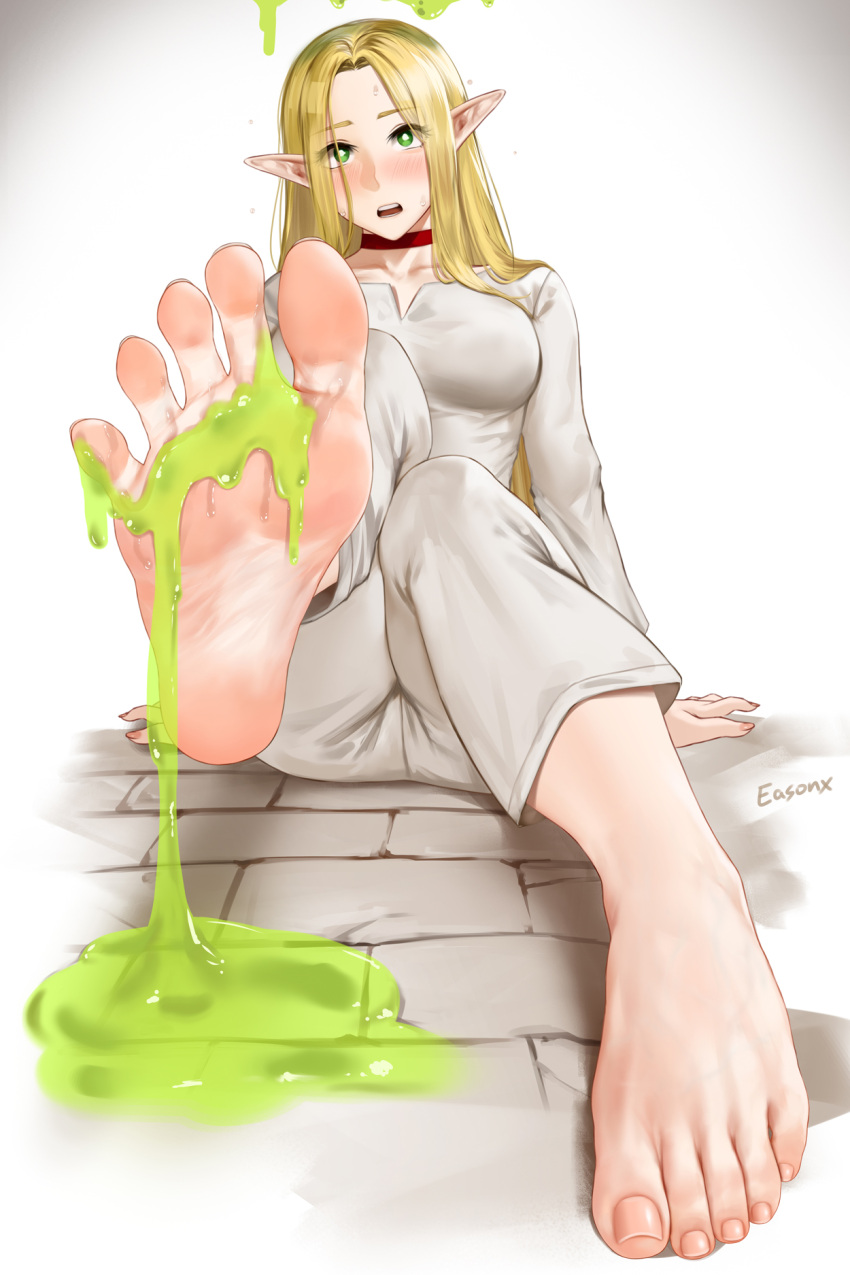1girl barefoot blonde_hair blush breasts choker collarbone dungeon_meshi easonx elf embarrassed feet feet_up foot_focus gradient_background green_eyes hands_on_ground highres large_breasts long_hair looking_at_viewer marcille_donato open_mouth pajamas pants pointy_ears red_choker shirt simple_background sitting slime_(substance) soles solo spread_toes sweat toes white_background white_pajamas white_pants white_shirt