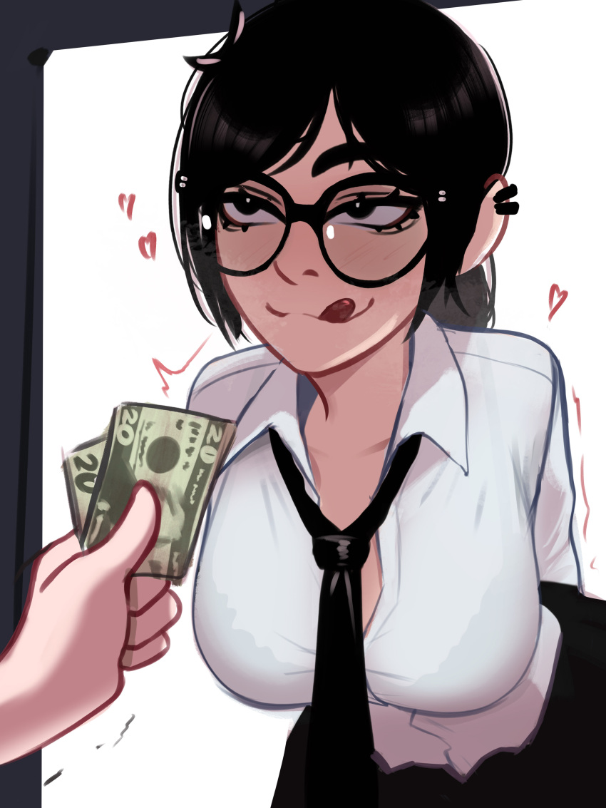 1girl 1other absurdres assertive_female banknote black-framed_eyewear black_eyes black_hair blush bra_visible_through_clothes breasts breath collared_shirt come_hither dollar_bill dress_shirt glasses heart highres holding holding_money implied_prostitution large_breasts leaning_forward licking_lips money naughty_face necktie original ponytail rosen_(veyonis) seductive_smile shirt skirt smile solo tongue tongue_out veyonis white_shirt you_gonna_get_raped