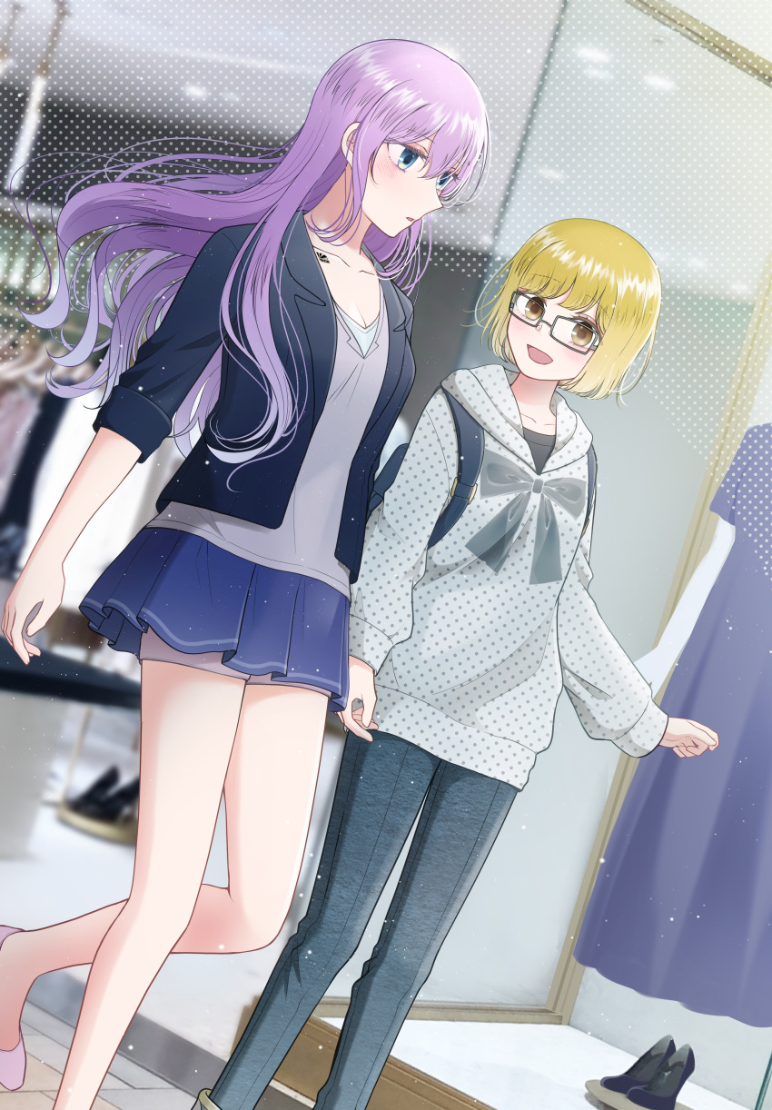 2girls absurdres blonde_hair blue_eyes body_markings brown_eyes commission glasses haruharucyon highres hood hoodie mimi_(ricky_barnes) multiple_girls original pale_skin purple_hair shopping shorts shorts_under_skirt skeb_commission