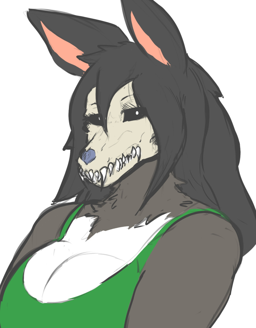 2022 absurd_res anthro black_ears black_hair black_sclera bone breasts bust_portrait cleavage clothed clothing countershading digital_drawing_(artwork) digital_media_(artwork) female fur green_clothing green_topwear grey_body grey_fur hair hi_res long_ears long_hair looking_aside malo pink_inner_ear portrait runa_(skeletoon7) sharp_teeth simple_background skull skull_head solo teeth themercart topwear white_body white_fur