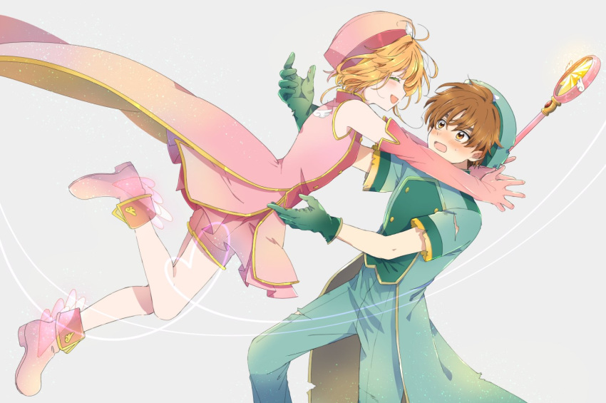 1boy 1girl blush boots brown_eyes brown_hair cardcaptor_sakura closed_eyes coat elbow_gloves gloves hat highres holding holding_wand hoshi_no_tsue imminent_hug jumping kinomoto_sakura li_syaoran looking_at_another open_mouth rii2a77ru short_hair shorts smile wand