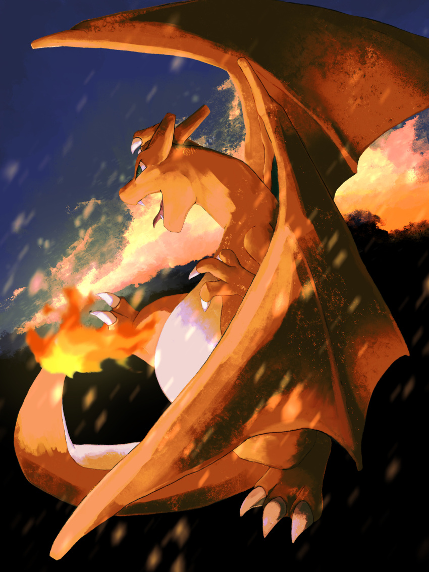 a_ferox charizard claws cloud commentary_request fangs fire green_eyes highres no_humans open_mouth outdoors pokemon pokemon_(creature) sky solo tongue