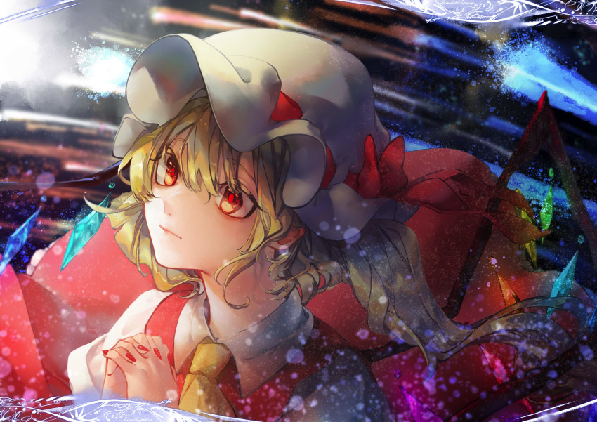 1girl absurdres ascot blonde_hair closed_mouth collared_dress commentary_request dress flandre_scarlet green_ascot hands_up highres kurumiyuu16 medium_hair own_hands_clasped own_hands_together portrait puffy_short_sleeves puffy_sleeves red_dress red_eyes short_sleeves sidelocks solo touhou twintails white_dress wings