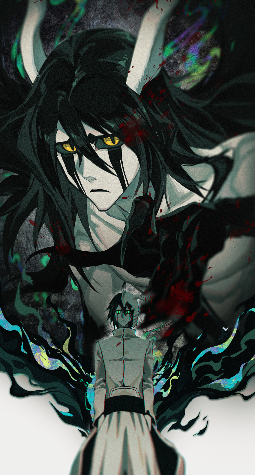 1boy absurdres arrancar black_hair black_lips bleach broken_helmet claws closed_mouth collarbone colored_sclera demon_boy demon_horns demon_wings expressionless facial_mark green_eyes green_sclera hair_between_eyes hakama hand_up hands_in_pockets highres horns japanese_clothes long_hair looking_at_viewer male_focus multiple_views pale_skin slit_pupils takenokoqvq topless_male ulquiorra_cifer white_hakama wings yellow_eyes