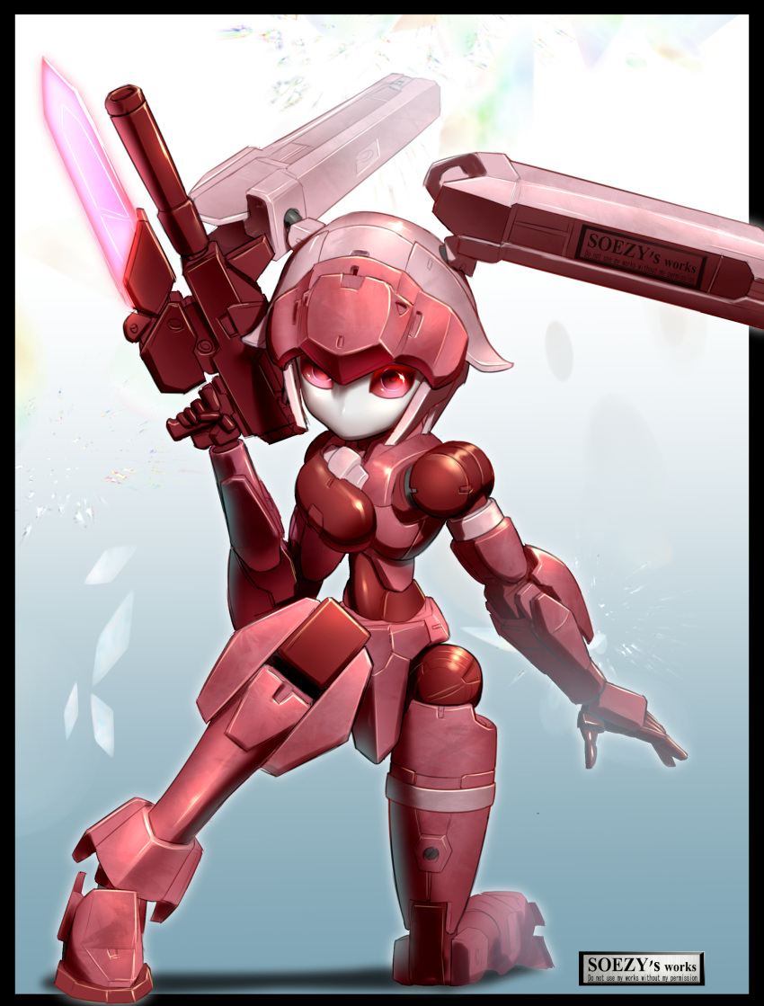 1girl 30_minutes_missions absurdres assassin_silver bayonet black_border border breasts exm-h15a_acerby_type-a glowing gun highres holding holding_gun holding_weapon looking_at_viewer mecha medium_breasts on_one_knee open_hand outside_border pink_hair red_eyes robot science_fiction solo twintails weapon