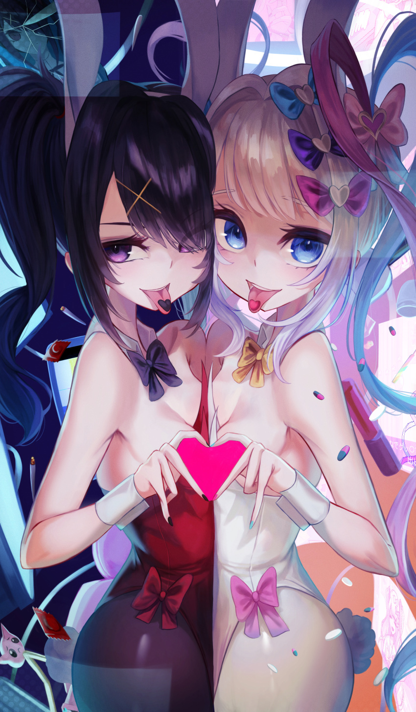 2girls absurdres ame-chan_(needy_girl_overdose) animal_ears black_hair black_pantyhose blue_eyes bow bowtie breast_press breasts chouzetsusaikawa_tenshi-chan detached_collar drugs dual_persona fake_animal_ears hair_ornament heart heart_hands highres leotard long_hair looking_at_viewer m0_chi multicolored_hair multiple_girls needy_girl_overdose open_mouth pantyhose pien_cat_(needy_girl_overdose) pill playboy_bunny purple_eyes quad_tails rabbit_ears red_leotard small_breasts smile symmetrical_docking tongue tongue_out twintails white_leotard white_pantyhose wrist_cuffs x_hair_ornament