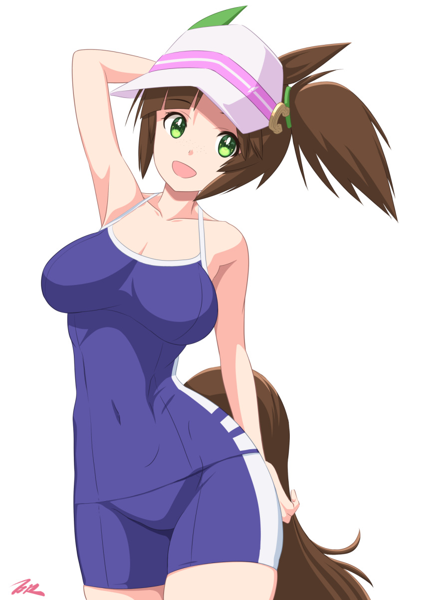 1girl animal_ears blue_one-piece_swimsuit breasts brown_hair covered_navel ear_covers green_eyes hat highres horse_ears horse_girl horse_tail ines_fujin_(umamusume) large_breasts looking_at_viewer one-piece_swimsuit side_ponytail simple_background single_ear_cover solo swimsuit t2r tail tracen_swimsuit umamusume visor_cap white_background white_hat