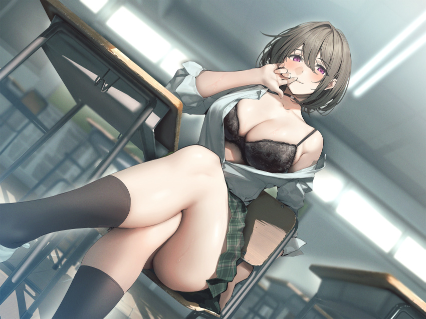 1girl black_bra black_hair black_socks blurry blurry_background blush bra breasts ceiling chair classroom cleavage clothes_lift collarbone collared_shirt crossed_legs desk green_skirt hair_between_eyes highres hiyashi_mirano indoors large_breasts looking_at_viewer non-web_source off_shoulder open_clothes open_shirt original plaid plaid_skirt pleated_skirt purple_eyes school_chair school_desk school_uniform shirt skirt skirt_lift sleeves_rolled_up socks solo thighs underwear white_shirt