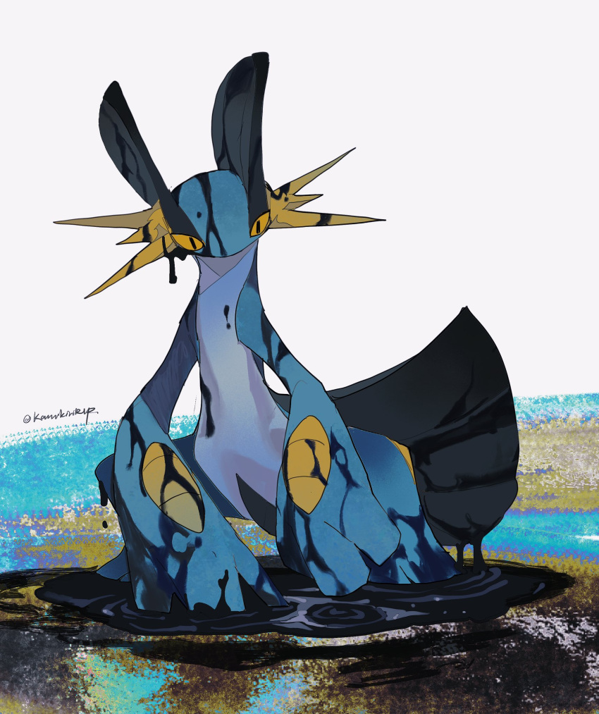 artist_name grey_background highres kamikiririp looking_at_viewer mud no_humans orange_eyes pokemon pokemon_(creature) ripples simple_background slit_pupils swampert twitter_username water