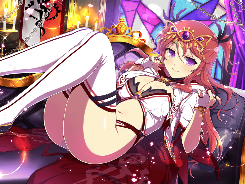 1girl ashiya_(senran_kagura) blush breasts candle cape chain cleavage couch feather_hair_ornament feathers fingerless_gloves fire gem gloves gold gold_trim hair_ornament heart heart_print high_side_ponytail highres indoors jewelry large_breasts lens_flare lens_flare_abuse light_particles long_hair looking_at_viewer lying navel official_alternate_costume official_art on_back on_couch open_mouth panties pillow pointing pointing_at_viewer purple_curtains purple_eyes purple_gemstone red_cape red_hair school_emblem senran_kagura senran_kagura_new_link senran_kagura_new_wave shuriken_print side_ponytail smile solo sparkle stained_glass thighhighs underwear white_gloves white_panties white_thighhighs yaegashi_nan