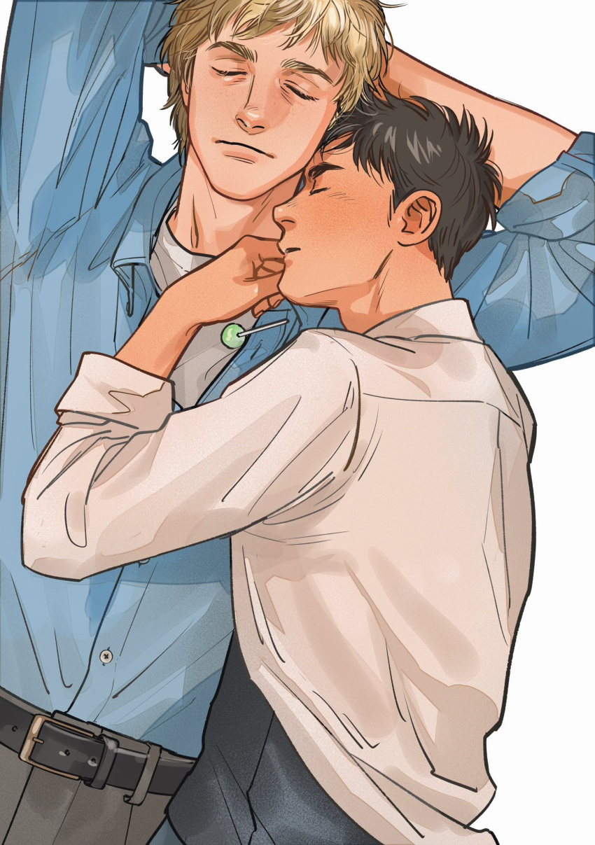 2boys belt black_hair blonde_hair blue_shirt candy closed_eyes closed_mouth collared_shirt food grey_pants highres lollipop male_focus mature_male multiple_boys original pants shirt short_hair simple_background sleeping sleeping_on_person sorewakaru0001 white_background white_shirt yaoi