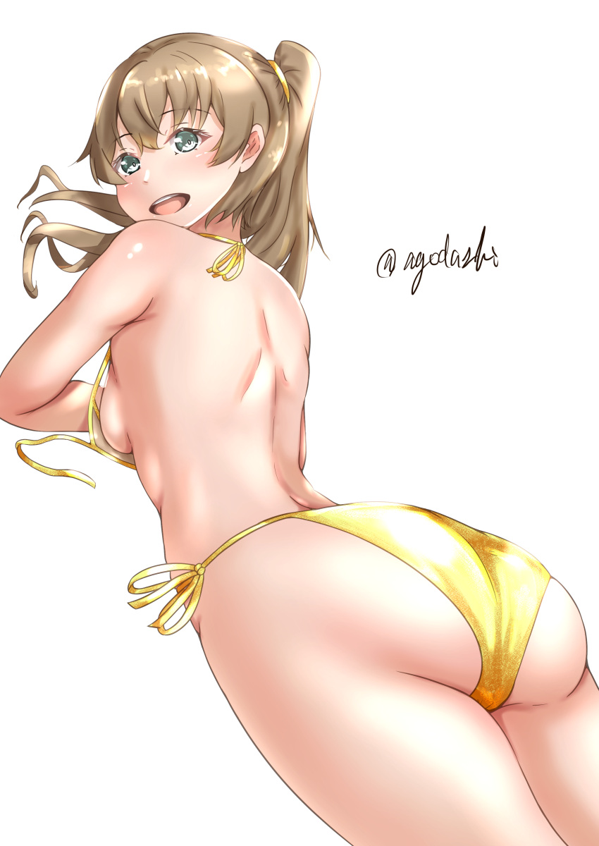 1girl absurdres agodashi ass bikini breasts brown_hair commentary_request gold_bikini green_eyes highres kantai_collection kumano_(kancolle) long_hair looking_back lying on_stomach one-hour_drawing_challenge side-tie_bikini_bottom simple_background small_breasts solo swimsuit twitter_username white_background