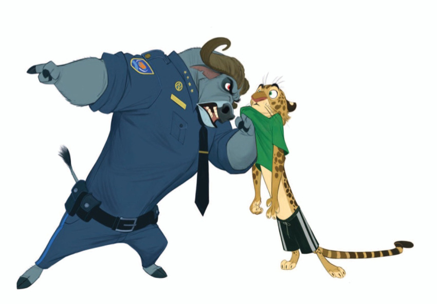 angry anthro barefoot belt belt_pouch blue_uniform bottomwear bovid bovine chief_bogo clothing collar collar_grab collar_pull concept_art cory_loftis disney duo eye_contact feet felid fur gesture grabbing_collar green_eyes grey_body hand_gesture hooves horn larger_prey leopard looking_at_another male mammal markings necktie official_art pantherine pointing police police_officer police_uniform red_eyes shirt shirt_grab shorts simple_background smaller_pred spots spotted_body spotted_fur spotted_markings tail topwear true_buffalo unavailable_at_source uniform water_buffalo white_background zootopia