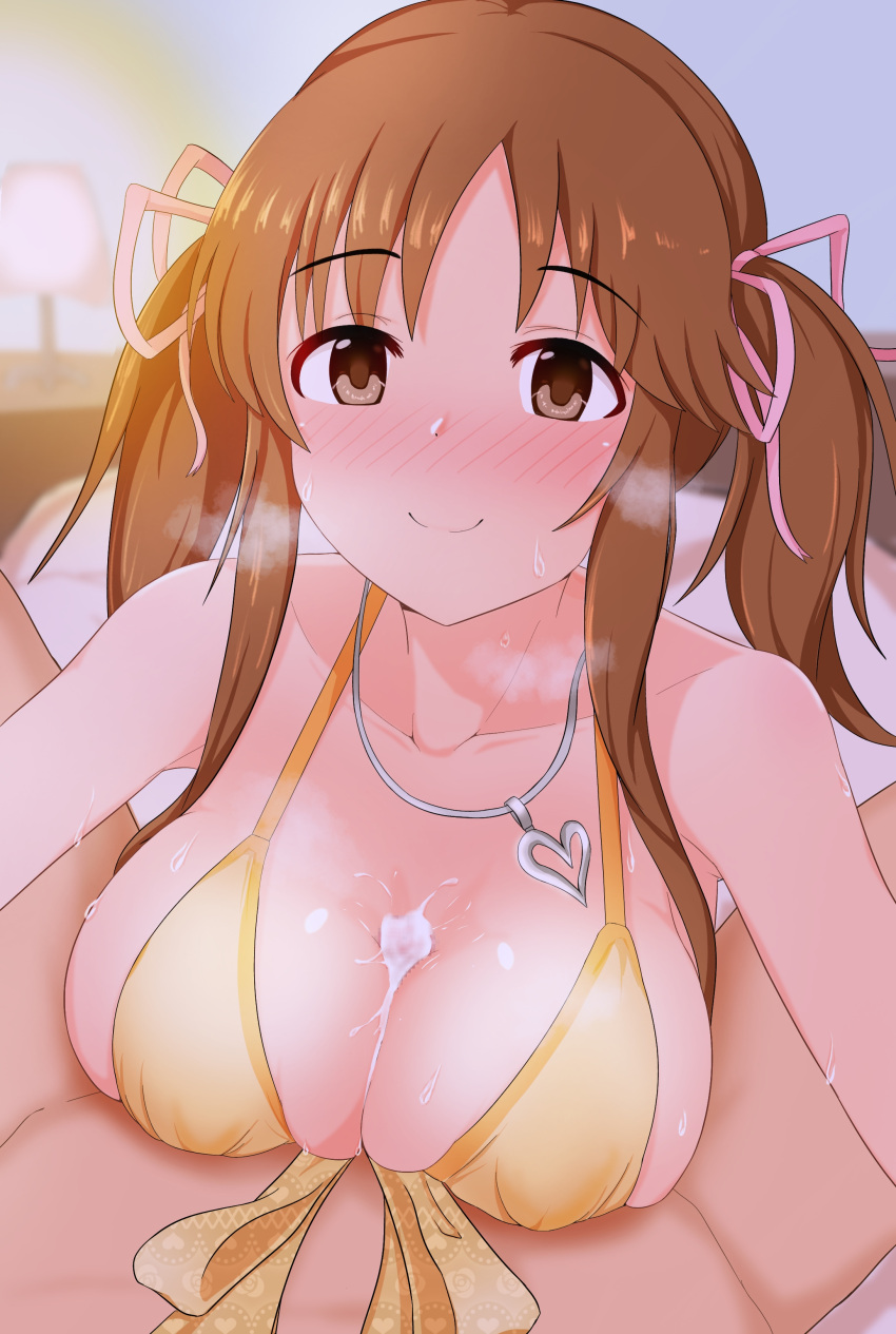 1boy 1girl absurdres blush breasts brown_eyes brown_hair cum cum_on_body cum_on_breasts hair_ribbon highres idolmaster idolmaster_cinderella_girls large_breasts lingerie long_hair looking_at_viewer negligee paizuri paizuri_under_clothes penis pink_ribbon pov pov_crotch raindrop746079 ribbon solo_focus steaming_body sweat totoki_airi twintails underwear