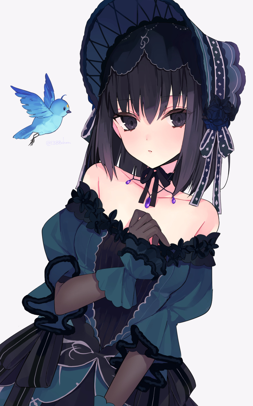 1388chan 1girl absurdres bare_shoulders bird black_eyes black_hair blue_bird blue_dress bonnet boots commentary dress fate/grand_order fate_(series) gloves grey_background grey_gloves hat highres knee_boots kuonji_alice looking_at_viewer mahou_tsukai_no_yoru off-shoulder_dress off_shoulder pantyhose puffy_short_sleeves puffy_sleeves short_hair short_sleeves simple_background smile solo symbol-only_commentary upper_body wrist_cuffs